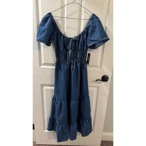 Hint of Blush Chambray Denim Tiered Midi Dress Smocked Waist NWT Small